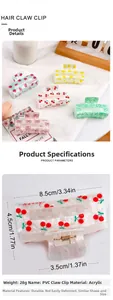 Detailed size view of 8.5cm acrylic hair claws with cute fruit and heart patterns