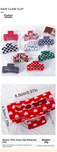 Close-up of PVC hair claw clips in leopard and heart patterns with detailed size info