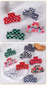 Variety set of hair claw clips with patterns like checkerboard, heart, and leopard print