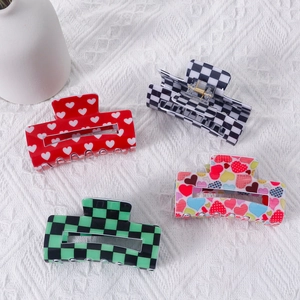 Chic PVC checkered and leopard heart hair claw clips for women set of four