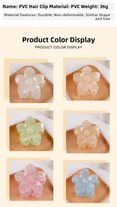 Detailed grid showing colorful 8cm PVC frangipani flower hair claws with pearlescent finish