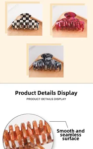 Detailed view of hair claw clips showing smooth edges and various checkered patterns