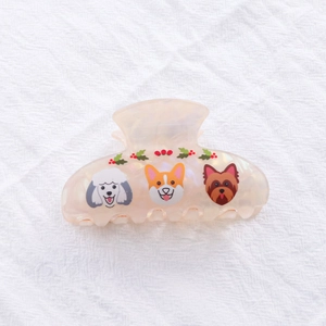 Pince à cheveux rose nacré avec motifs de chiens mignons et baies de houx festives