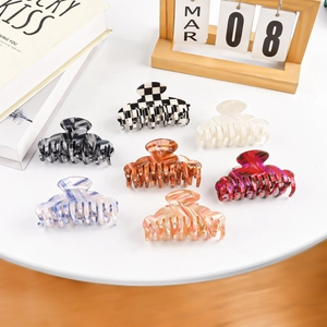 Women's Large PVC Hair Claw Clip Double Layer High Low Teeth Faux Acetate Checkerboard Marble Striped Hair Styling Grip