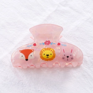 Pince à cheveux en acétate rose marbré avec motifs de renard, lion et lapin mignons