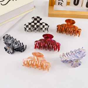 Set of 6 checkered and marble pattern hair claw clips for women with strong metal springs