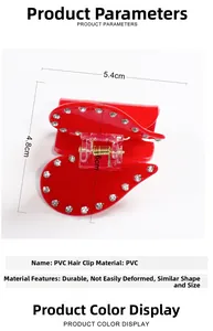 Vue détaillée de la pince à cheveux cœur rouge avec strass et dimensions