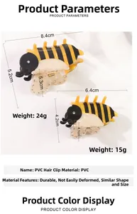 Détail de deux pinces à cheveux abeille en PVC avec spécifications de taille et de poids