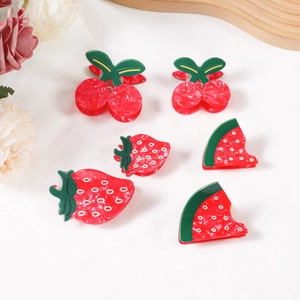 Fruit hair clip set featuring cherry strawberry and watermelon patterns on white cloth