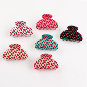 Set of 6 colorful cherry print hair claw clips for women in assorted vibrant colors