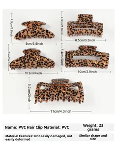 Detailed size guide for various leopard print hair claw clips in durable PVC material