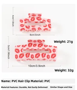Pink PVC hair claw clips with red lip patterns in two sizes with dimension markings
