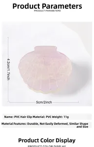 Detail view of shell-shaped hair claw clip in purple PVC with size and weight info