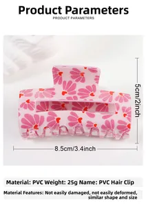 Detailed size view of a pink floral hair claw clip measuring 8.5cm by 5cm for women