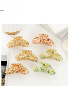 Detailed set of 6 large acrylic hair claw clips with colorful summer fruit prints