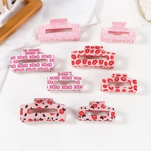 Pink Valentine's Day Hair Claw Clip Sweet XOXO Lips Rose Pattern PVC Hair Clips Decorative Accessories For Women