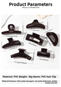 Detailed size specifications for various dark brown PVC hair clips with matte finish
