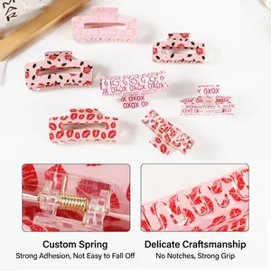 Pink acrylic hair claw clips with XOXO print and rose pattern for women hair styling