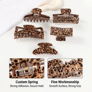 Retro leopard print hair claw clip set with custom metal spring for secure hair grip