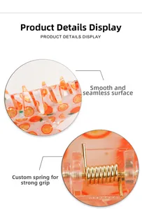 Detail of hair claw clip with orange print, smooth teeth and durable gold metal spring