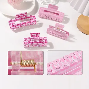 Pink matte hair claw clip set with Bride lettering and durable gold metal spring