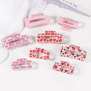 Pink Valentine hair claw clips with XOXO, red lips and rose patterns for women