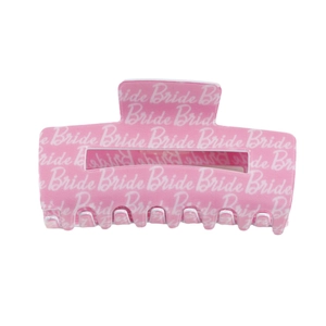 Pink matte hair claw clip with white Bride text for weddings and parties