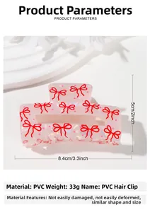 Detailed view of pink glitter claw clip with red bow print showing 8.4cm dimensions