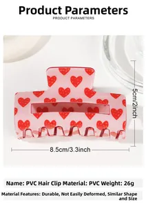 Pince à cheveux rose avec motifs cœurs montrant les dimensions détaillées de 8,5cm sur 5cm