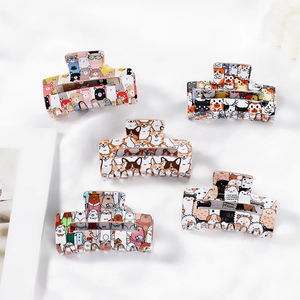 Set of 5 large hair claws with cute cartoon animal patterns on premium white fabric