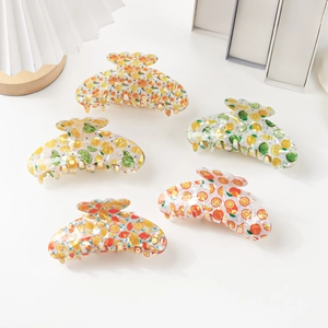 Five-piece large fruit print hair claw clip set with translucent jelly texture for women