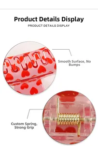 Détails de la pince à cheveux rose à cœurs avec ressort doré et surface lisse