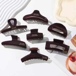 Elegant French Style Glossy PVC Hair Claw Clip For Women Simple Dark Brown Lettering Shark Clip For Bun Hair Accessory