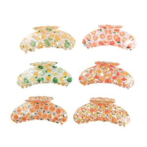Set of 6 colorful fruit print hair claws featuring lemon and lime designs in translucent finish