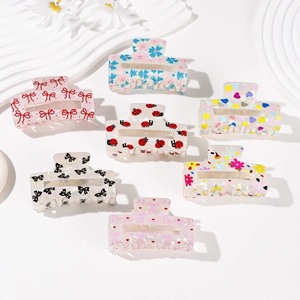 Sweet Floral PVC Hair Claw Clip Non-Slip Bow Ladybug Heart Pattern Rectangular Hair Clamp For Women Girls Daily Accessory