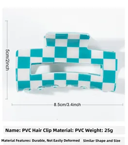 Detail view of a square checkered hair claw clip showing precise 8.5cm x 5cm dimensions