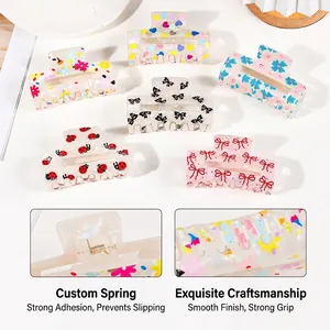 Set of 6 cute Korean style floral and heart print hair claw clips with strong metal springs