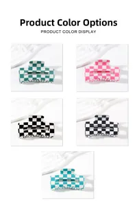 Detailed color display of square checkerboard hair claws in green, pink, and grey