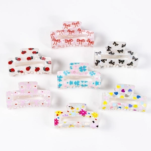 Set of 7 cute rectangular acetate hair claws with sweet floral and bow patterns