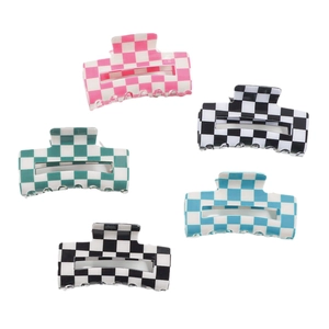 Five assorted checkerboard pattern hair claw clips in various colors on white background