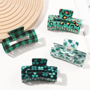 Saint Patrick's Day green hair claw clips set with clover and plaid patterns