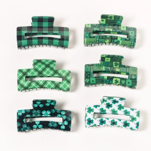 Set of six St. Patrick's Day green clover hair claws for thick hair in square shark clip style