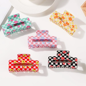 Large Checkerboard Floral Hair Claw Clip PVC Matte Rectangular Shark Clip Elegant Hair Accessory For Women Thick Hair Fixing