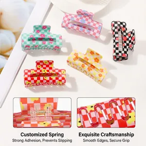 Checkered flower hair claw clips with strong custom metal springs for thick hair