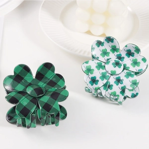 Plaid and shamrock pattern hair claw clips for St. Patrick's Day styling