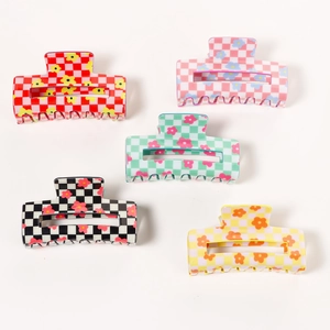 Five-piece set of checkered floral shark hair claws in assorted bright colors