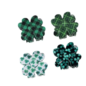 Set of four St. Patrick's Day clover hair claws in green plaid and floral patterns