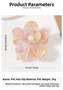 Détail de la pince à cheveux fleur en marbre rose avec perle et dimensions de 7cm