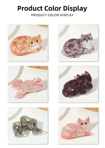 Detailed grid display of cat-shaped acetate hair claws in various marble patterns