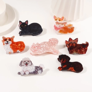 Lot de 7 pinces à cheveux en acétate motifs animaux chat et chien à texture marbrée